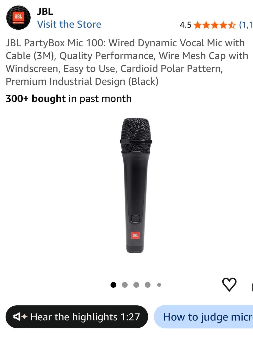 JBL Black Wired Dynamic Vocal Microphone